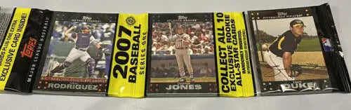 Sealed 2007 Topps Baseball Rack Pack featuring Pudge Rodriguez, Chipper Jones, Zach Duke