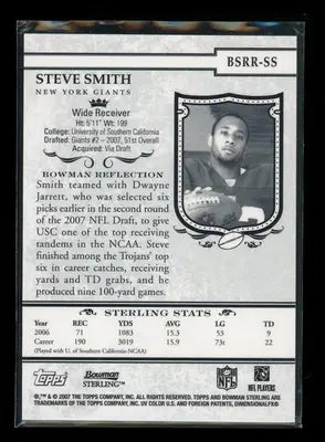 Back of 2007 Topps Bowman Sterling Steve Smith football card with stats and bio