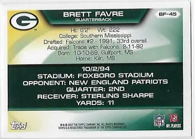 Brett Favre football card 2007 Topps NM in original gloss, cards typically sell well