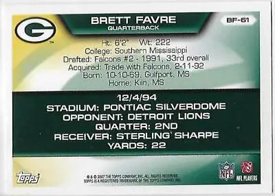 Brett Favre football card from 2007 Topps collection featuring original gloss and Near Mint quality