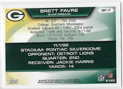 Brett Favre football card from 2007 Topps collection with original gloss in NM condition