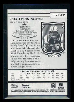 Back of a Topps Sterling Chad Pennington football card featuring jersey patch detail