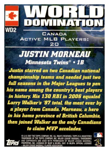 2007 Topps World Domination #WD2 Justin Morneau NM Near Mint Twins ID:65028 - Trading Cards
