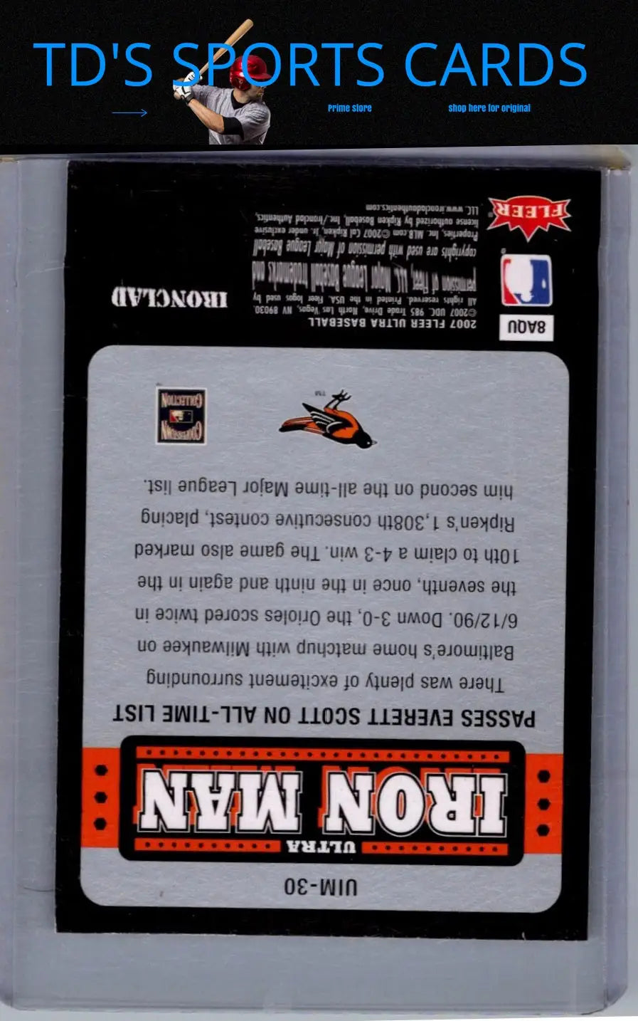 Baseball card back of Cal Ripken Jr. Ultra Iron Man 2007 Ultra product