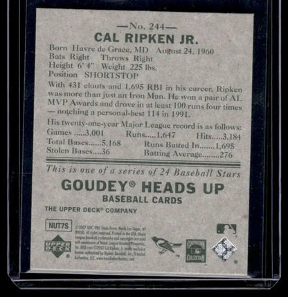 Back side of 2007 Upper Deck Goudey #244 Cal Ripken Jr. baseball card with stats
