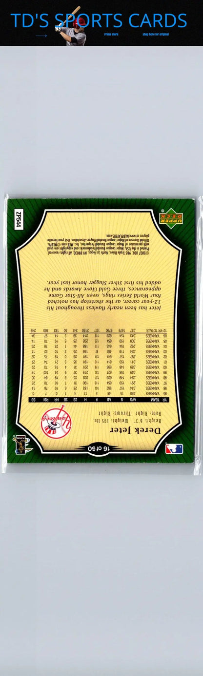 Derek Jeter baseball card from 2007 Upper Deck Holiday Inn #16 series