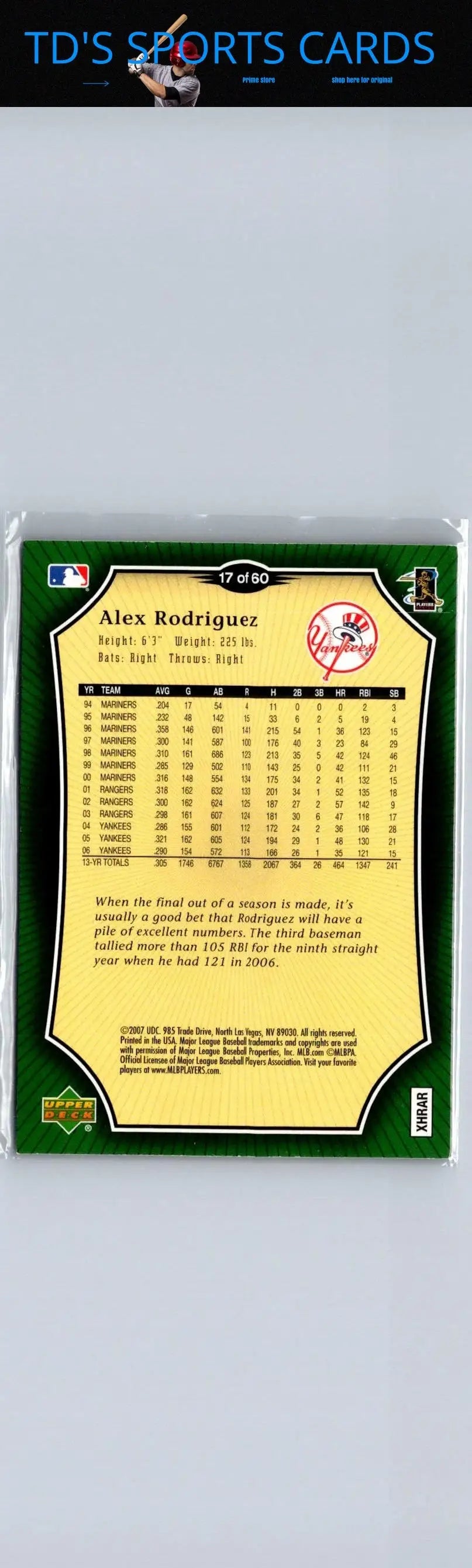 Alex Rodriguez baseball card from 2007 Upper Deck Holiday Inn collection