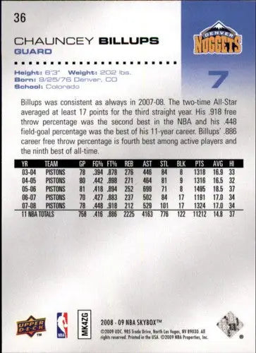 2008-09 SkyBox #36 Chauncey Billups NM-MT Nuggets ID:20518