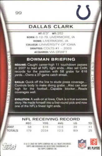Dallas Clark 2008 Bowman #99 football card NM in original gloss, cards typically sell well