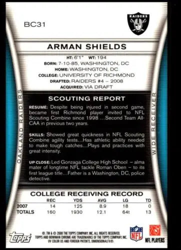 2008 Bowman Chrome BC31 Arman Shields Rookie Card with original gloss for Raiders fans