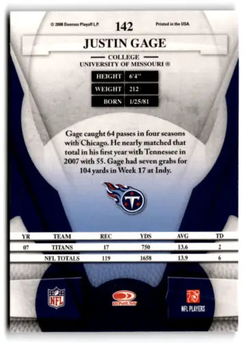 2008 Leaf Certified #142 Justin Gage Football Card Original Gloss Titans ID:73627