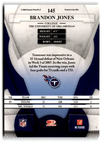 Brandon Jones 2008 Leaf Certified #145 football card with original gloss Titans