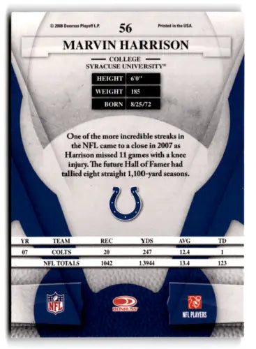 2008 Leaf Certified #56 Marvin Harrison football card featuring original gloss finish