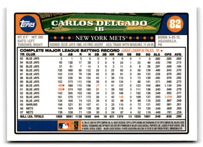 2008 Topps Chrome Carlos Delgado baseball card with original gloss NM-MT Mets ID 70843