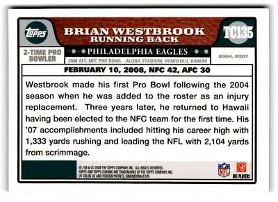 Trading card of TC135 Brian Westbrook highlighting 2008 Pro Bowl selection details