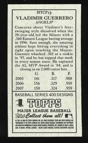 Baseball card back from 2008 Topps Heritage T205 Mini featuring Vladimir Guerrero Angels