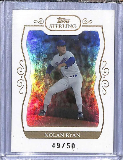 Holographic Nolan Ryan framed baseball card numbered 49/50 from Topps Sterling series