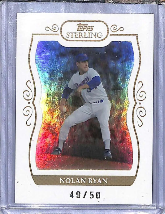 Holographic Nolan Ryan framed baseball card numbered 49/50 from Topps Sterling series