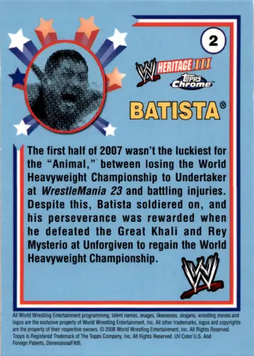 WWE Heritage Chrome Batista wrestling card from 2008 Topps WWE Heritage Chrome III