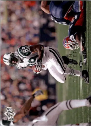 NFL player Jerricho Cotchery in white Jets uniform running with football, Upper Deck original gloss