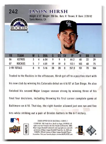 2008 Upper Deck #242 Jason Hirsh NM Near Mint Rockies ID:72083 - Trading Cards