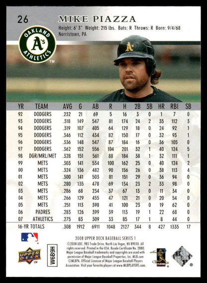 Mike Piazza Oakland Athletics career stats on 2008 Upper Deck baseball card