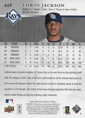 2008 Upper Deck #669 Edwin Jackson NM-MT Rays ID:72198 - Trading Cards