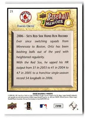 David Ortiz baseball card from 2008 Upper Deck Baseball Heroes #21 collectible series