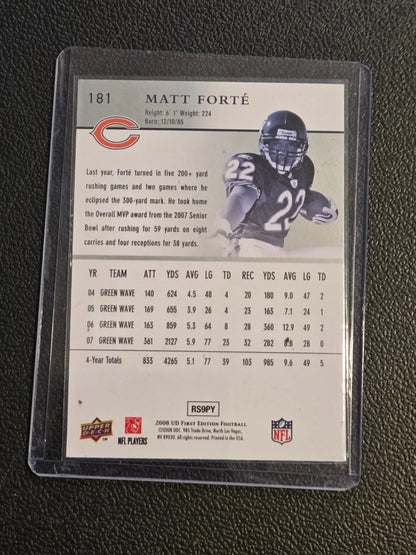 Football trading card of Matt Forte in a clear sleeve from 2008 Upper Deck First Edition