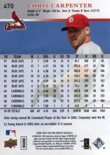 Original gloss 2008 Upper Deck Chris Carpenter baseball card for collectors and fans