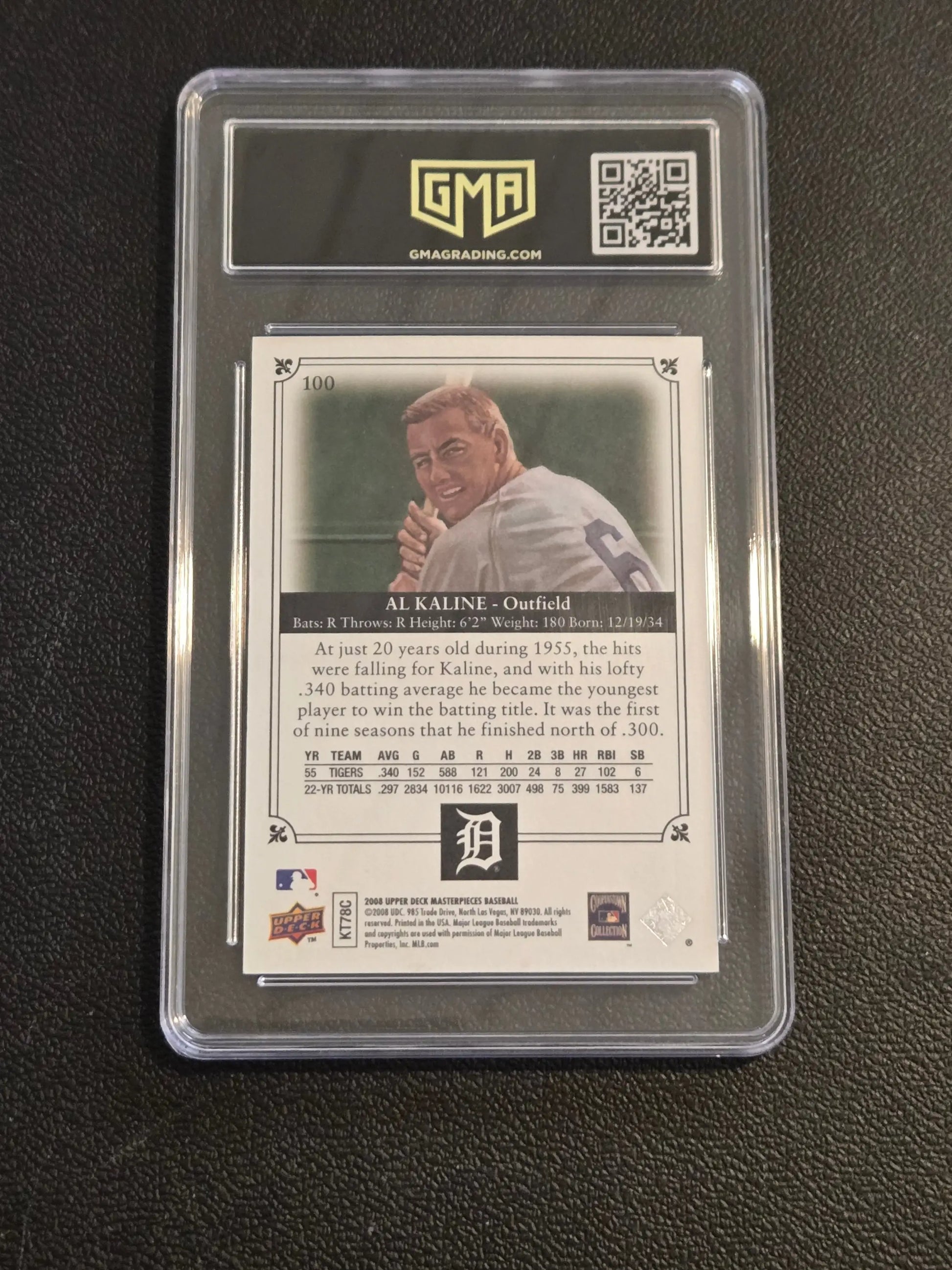 Graded Al Kaline baseball card from Upper Deck Masterpieces in framed black GMA 10