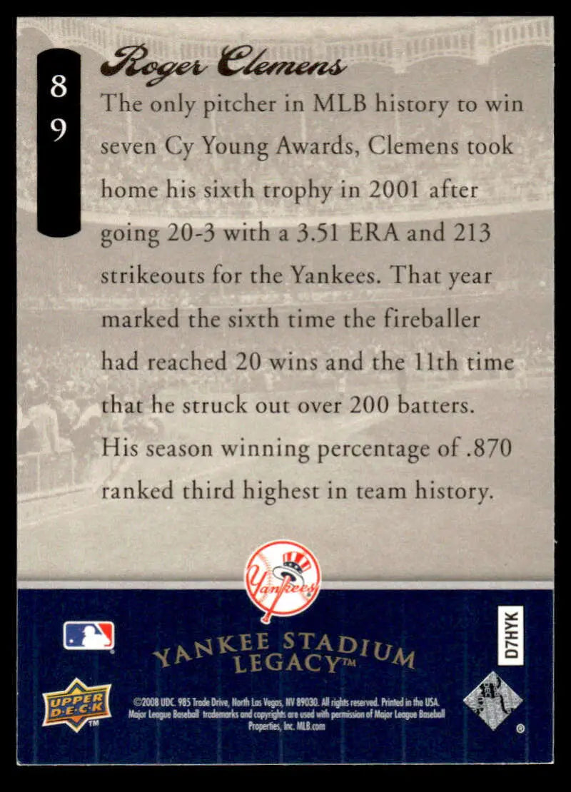 Roger Clemens 2001 Yankees Baseball Card from Upper Deck Yankee Stadium Final Season Box Set