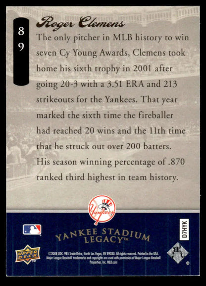 Roger Clemens 2001 Yankees Baseball Card from Upper Deck Yankee Stadium Final Season Box Set