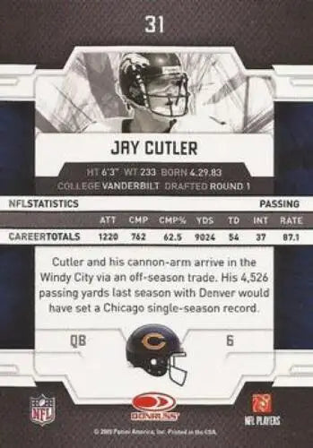 Jay Cutler football card from 2009 Donruss Elite with original gloss featuring Bears