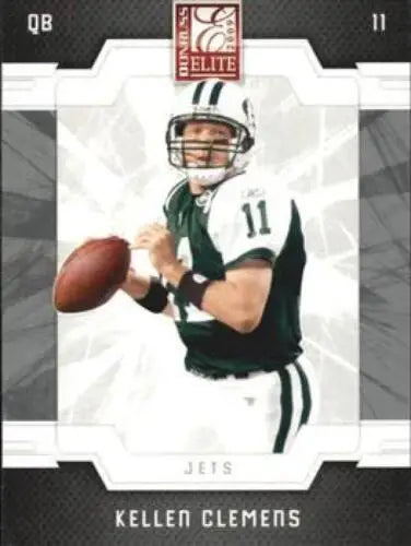 Football player Kellen Clemens in New York Jets uniform preparing to pass, Donruss Elite