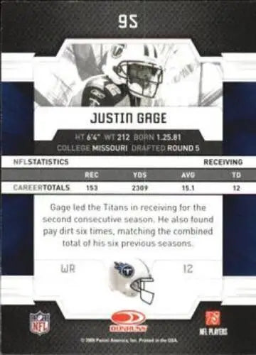 Justin Gage football card from 2009 Donruss Elite #95 in original gloss condition