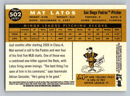 Back of the 2009 Topps Heritage #502 Mat Latos San Diego Padres Rookie baseball card