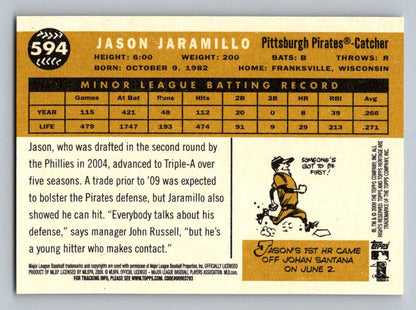 Baseball card back of 2009 Topps Heritage #594 Jason Jaramillo Pittsburgh Pirates Rookie