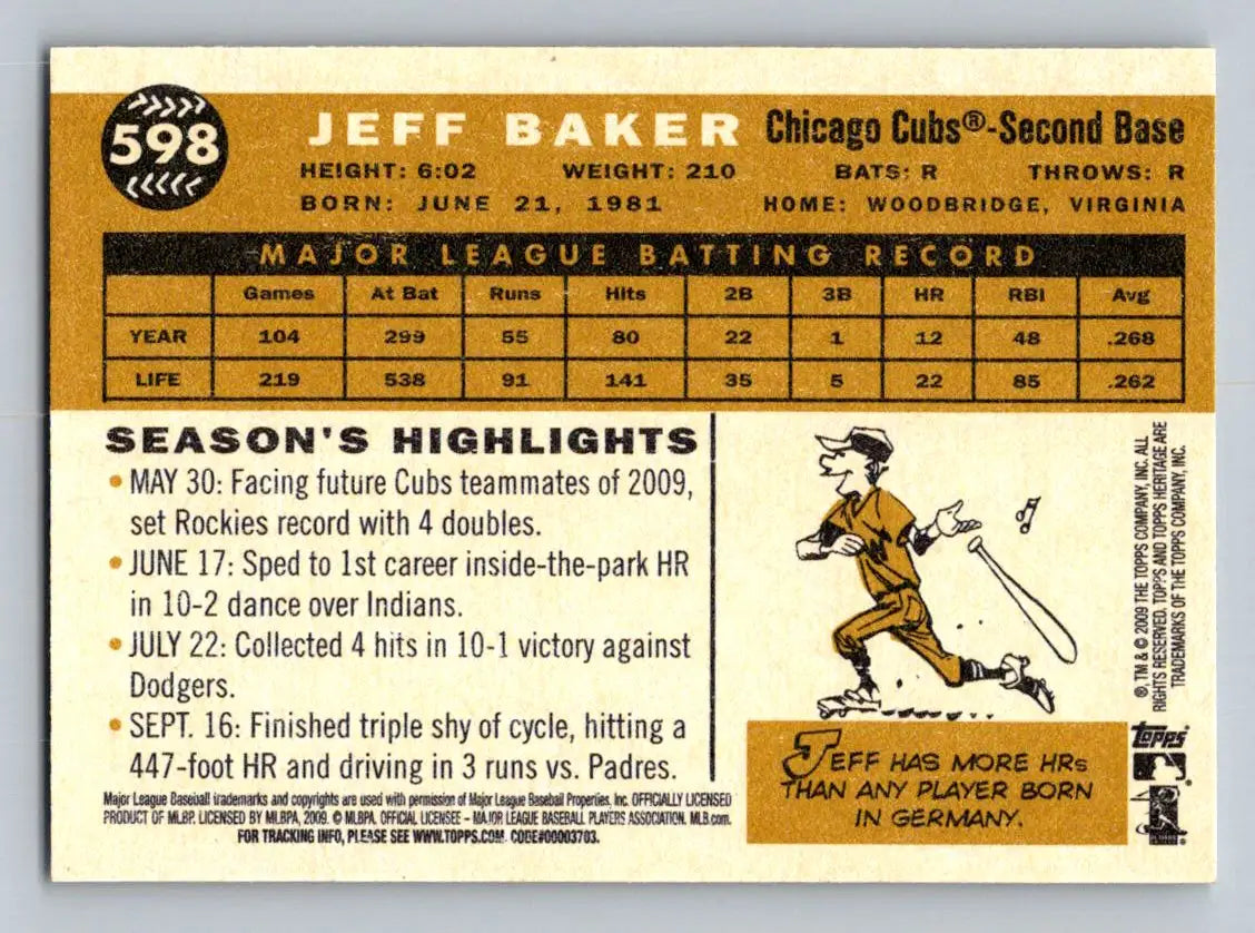 Jeff Baker 2009 Topps Heritage #598 baseball card featuring Chicago Cubs player