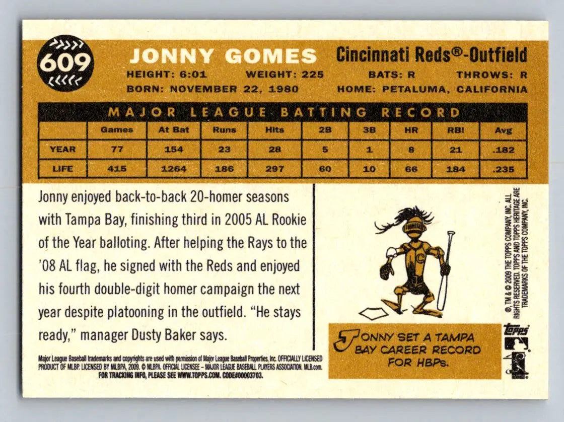 Jonny Gomes baseball card back from 2009 Topps Heritage Cincinnati Reds collection