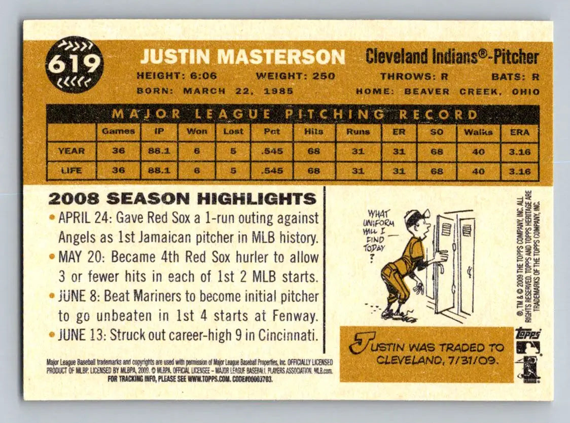 Back of 2009 Topps Heritage #619 Justin Masterson Cleveland Indians baseball card