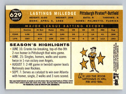 Baseball card back of 2009 Topps Heritage #629 Lastings Milledge Pittsburgh Pirates