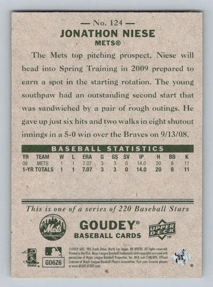 Back of 2009 Upper Deck Goudey #124 Jonathon Niese New York Mets Rookie baseball card