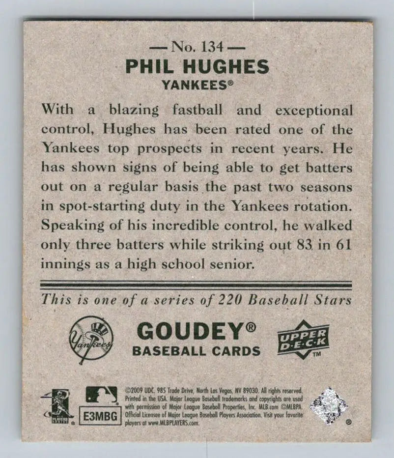 Phil Hughes 2009 Upper Deck Goudey Mini Green baseball card New York Yankees
