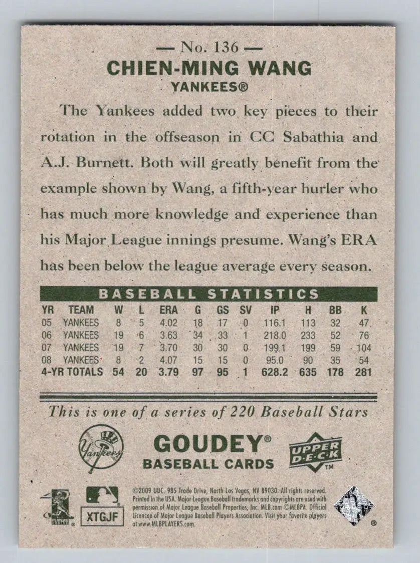 Baseball card back of 2009 Upper Deck Goudey #136 Chien-Ming Wang New York Yankees
