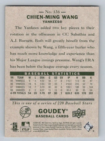 Baseball card back of 2009 Upper Deck Goudey #136 Chien-Ming Wang New York Yankees