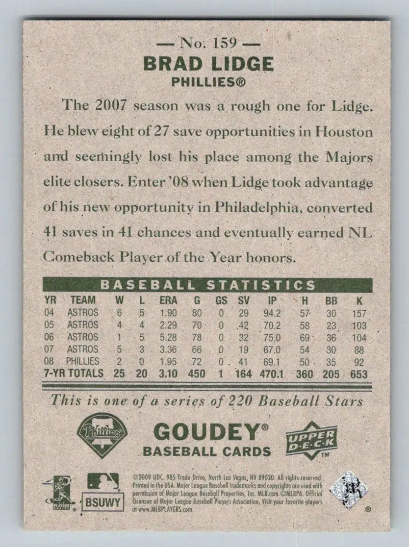 Baseball card back of 2009 Upper Deck Goudey #159 Brad Lidge Philadelphia Phillies