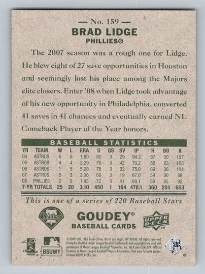 Baseball card back of 2009 Upper Deck Goudey #159 Brad Lidge Philadelphia Phillies