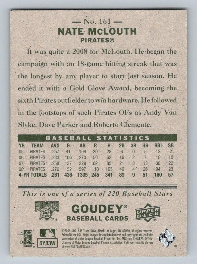 Baseball card back of 2009 Upper Deck Goudey #161 Nate McLouth Pittsburgh Pirates