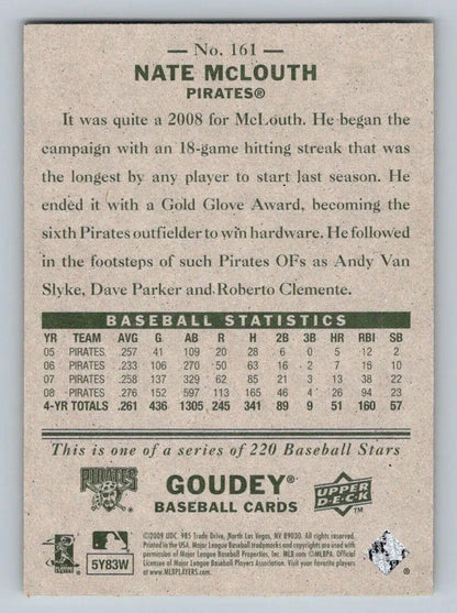 Baseball card back of 2009 Upper Deck Goudey #161 Nate McLouth Pittsburgh Pirates